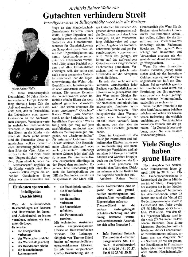 Gutachten:  Architekt Rainer Walle r�t: Gutachten verhindern Streit Verm�genswerte in Billionenh�he wechseln die Besitzer