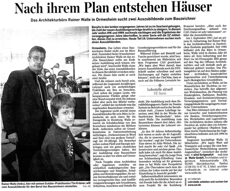 Lehrlingssuche:  Die sinnvolle Investition in die Zukunft Das Architekturb�ro Rainer Walle sucht zwei Auszubildende zum Bauzeichner