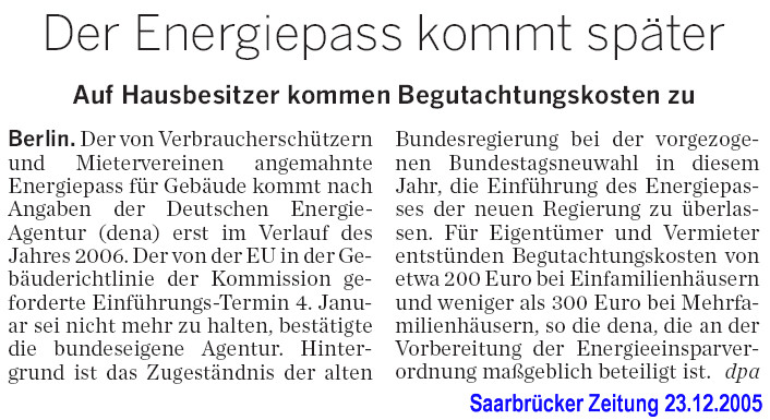 Energiepass: Der Energiepass kommt sp�ter Auf Hausbesitzer kommen Begutachtungskosten zu