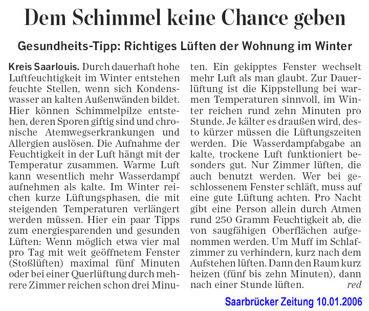 Gesundheits-Tipp: Dem Schimmel keine Chance geben Gesundheits-Tipp: Richtiges L�ften der Wohnung im Winter