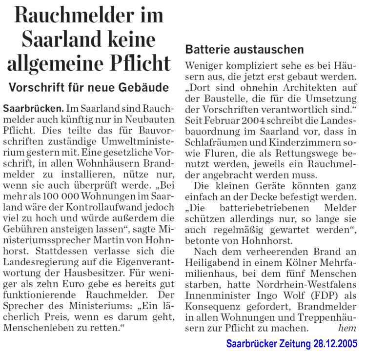 Rauchmelder: Rauchmelder im Saarland keine allgemeine Pflicht Vorschrift f�r neue Geb�ude