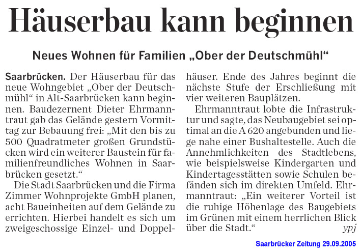 Wohngebiet:  H�userbau kann beginnen Neues Wohnen f�r Familien Ober der Deutschm�hl